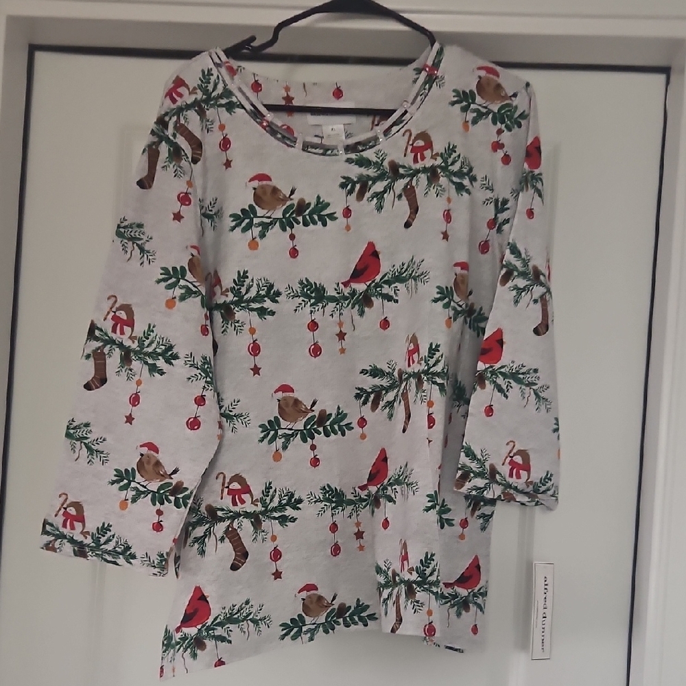 Alfred Dunner Gray Holiday Print Blouse